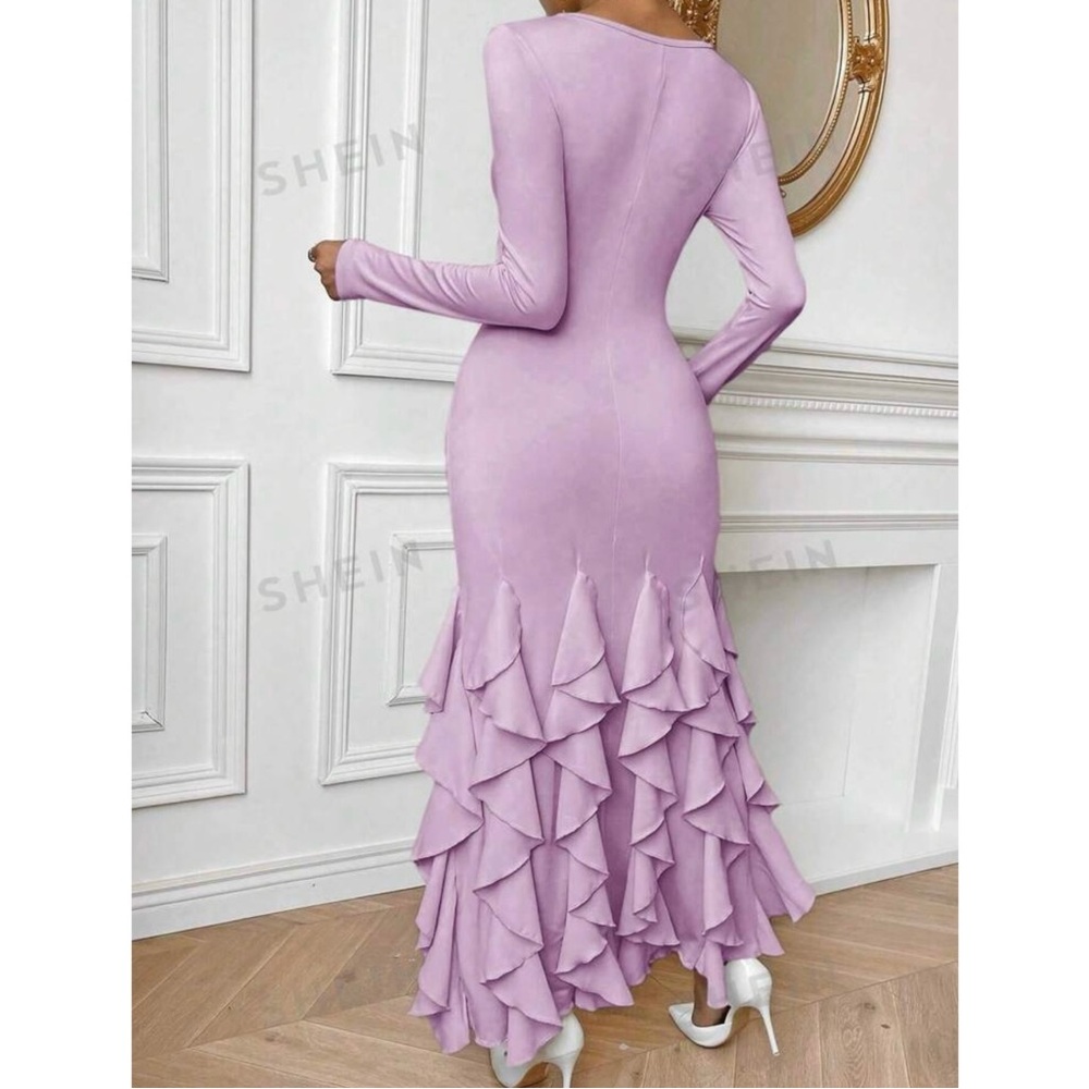 Light Purple Frill Trim Fish Tail Bodycon Dress - Picture 3 of 7